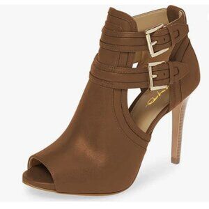 XYD Women Peep Toe Ankle Bootie High Heels Buckled Double Straps Cutout Brown